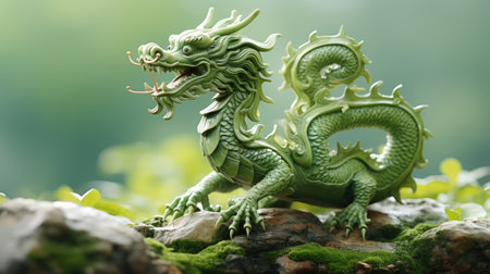 In a joyous celebration of Happy Chinese New Year, a vibrant Green Dragon dances through festive streets, symbolizing prosperity, good luck, lively spirit of traditional Lunar New Year festivitiesの素材
