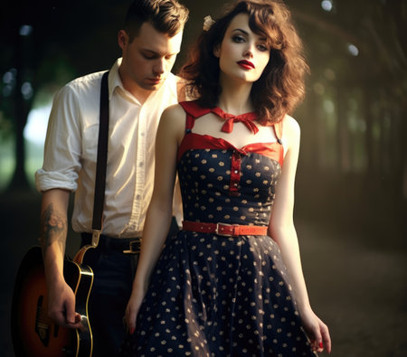 People fashion clothing 1950, 1960 in the style of iconic rock and roll imagery, Times of driving music, trendy hairstyles, stylish clothes, daring deeds, leather jackets and colorful dressesの素材