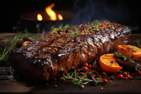 The aesthetics of roasted meat, grilled, savory and hearty, steak, cooking menu, deep-fried in large chunks, hot and cold dish, unhealthy and delicious product tastyの素材
