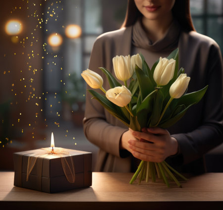 Elegant woman holding a wrapped gift, congratulations, gold. The scene is adorned with a touch of gold, adding a luxurious and celebratory ambiance to the momentの素材