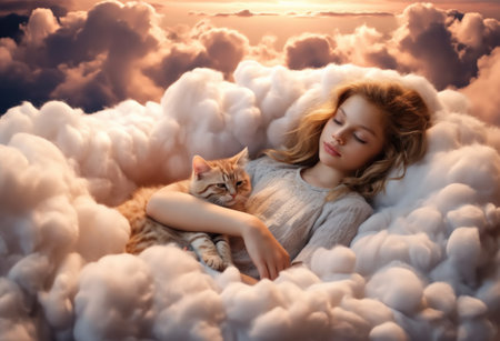 A carefree child sleeps peacefully, nestled with a kitten on a cloud-like surface. Sweet dreams envelop them in a serene scene of innocence and tranquilityの素材