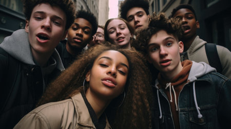 Global smiles: capturing joy in group selfies of cheerful and happy young people diverse nationalities, celebrating unity, friendship, cultural harmony in shared moments of happiness and togethernessの素材