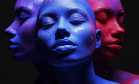 Vibrant image, few women artfully pose, their bodies immersed in vivid paint, creating a living canvas of expressive and colorful artistic beauty embodying an expressive and dynamic visual spectacleの素材