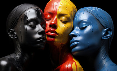 Vibrant image, few women artfully pose, their bodies immersed in vivid paint, creating a living canvas of expressive and colorful artistic beauty embodying an expressive and dynamic visual spectacleの素材