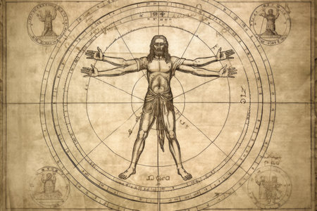 Unveiling perfection: timeless allure of vitruvian man, Leonardo da Vinci's iconic representation of human proportions, symmetry, harmonious intersection of art and science in renaissance brillianceの素材