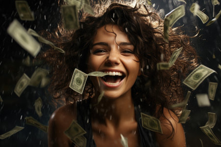 Wealthy shower: joyous cascade of money onto a blissful individual, embodying the triumphant concept of winning and amassing substantial wealth, a financial downpour symbolizing success and abundanceの素材