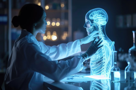 Medicine with futuristic technology. Doctors collaborated with computers, and holograms materialize intricate medical data, symbolizing the harmonious future of advanced healthcare digital integrationの素材
