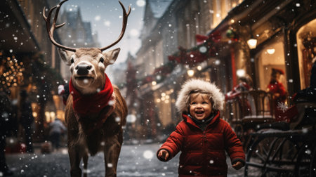 Magical new year's eve: joyful child embraces the spirit of celebration with a reindeer companion in a heartwarming display of holiday bliss and innocenceの素材