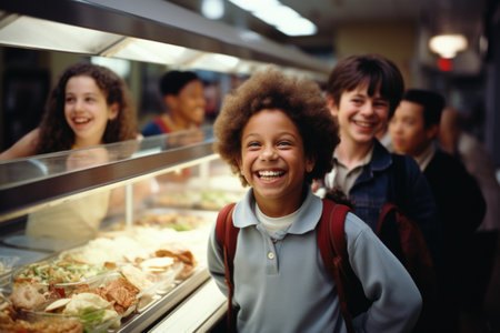 A schoolchild in the school cafeteria. Time of lunch break, peculiarities of the school meal, snackの素材