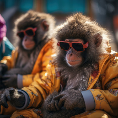 monkeys portrait with sunglasses, Funny animals in a group together looking at the camera, wearing clothes, having fun together, taking a selfie, An unusual moment full of fun fashion consciousnessの素材