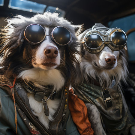 dogs portrait with sunglasses, Funny animals in a group together looking at the camera, wearing clothes, having fun together, taking a selfie, An unusual moment full of fun and fashion consciousnessの素材
