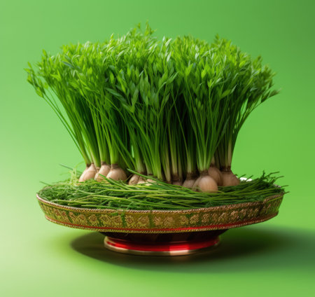 Celebrating renewal with sprouted wheat grass: happy nowruz, a festive homage to nature's rebirth, cultural traditions, and the joyous spirit of Persian new year, embracing health and vitalityの素材