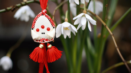 Celebrating spring cheer: the joyous tradition of happy martisor, a Romanian cultural festivity marked by red and white talismans, symbolizing luck, optimism, and festive celebration on March 1st.の素材