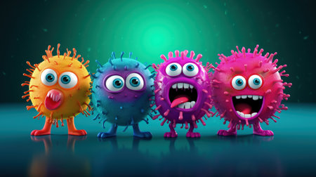 Cartoon characters cute, funny evil viruses, whimsical and infectious, creative and humorous animation of infectious microorganisms in comical and imaginative scenariosの素材