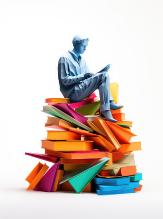 Immersing in narratives: a 3d animated character reading a book, education , immersed in the world of literature, act of readingの素材