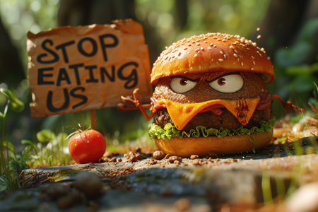 Whimsical plea: cartoon characters, fast food holding a sign 'Stop Eating Us.' A playful take on the concept of proper nutrition and the pursuit of a healthier lifestyleの素材