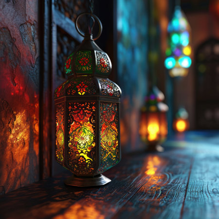 In this evocative image, a radiant Ramadan lantern illuminates the surroundings, symbolizing the holy month's spiritual warmth, cultural richness, and festive joy.の素材
