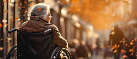 Navigating life's journey: a pensioner in a wheelchair embracing mobility with resilience and grace, embodying the spirit of aging with dignity and strength in every rollの素材