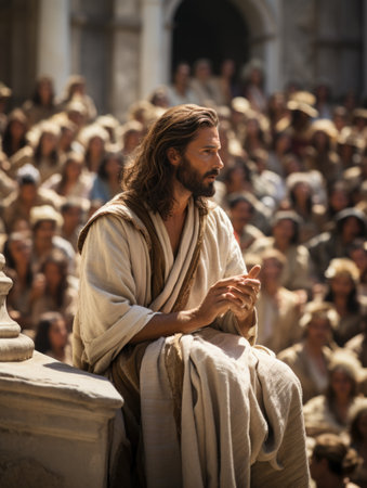 In serene tableau, Jesus Christ and disciples gather, radiating divine harmony. Scene captures essence of spiritual teachings and the sacred camaraderie among these central figures of Christian faithの素材