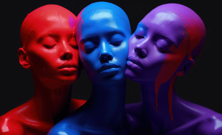 Vibrant image, few women artfully pose, their bodies immersed in vivid paint, creating a living canvas of expressive and colorful artistic beauty embodying an expressive and dynamic visual spectacleの素材