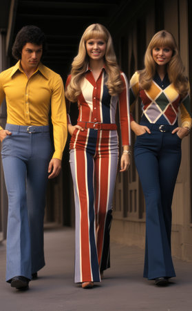 Vintage Retro style, fashion clothing, 1970s fashion, Bellbottoms 70s, hipsters, bell bottom pants, frayed jeans, midi skirts, maxi dresses, tie-dye, peasant blouses, and ponchosの素材