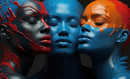 Vibrant image, few women artfully pose, their bodies immersed in vivid paint, creating a living canvas of expressive and colorful artistic beauty embodying an expressive and dynamic visual spectacleの素材