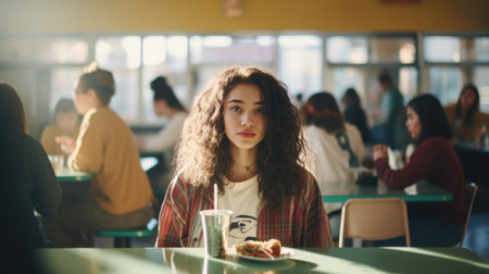 A schoolchild in the school cafeteria. Time of lunch break, peculiarities of the school meal, snackの素材