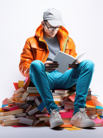 Immersing in narratives: a 3d animated character reading a book, education , immersed in the world of literature, act of readingの素材