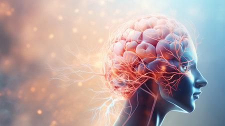 Neural networks weave through the brain, resembling a complex web of connections. The visual encapsulates the intricate dance of signals and processes within the neural landscapeの素材