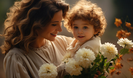 In this heartwarming image, a loving mother embraces her child with warmth and tenderness, forming a beautiful bond filled with joy, security, and the purest form of maternal loveの素材