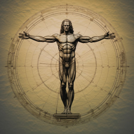 Unveiling perfection: timeless allure of vitruvian man, Leonardo da Vinci's iconic representation of human proportions, symmetry, harmonious intersection of art and science in renaissance brillianceの素材