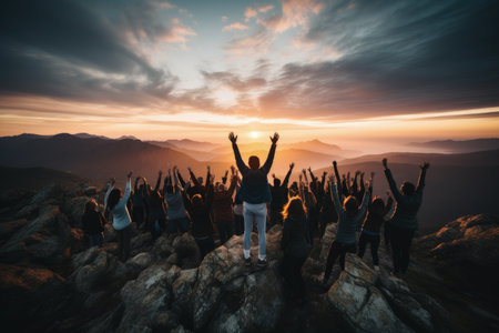 Peak triumph: silhouettes a top mountain, joyous group celebrates team success, embodying shared victories, harmonious collaboration, euphoria of collective achievement in nature's majestic embraceの素材