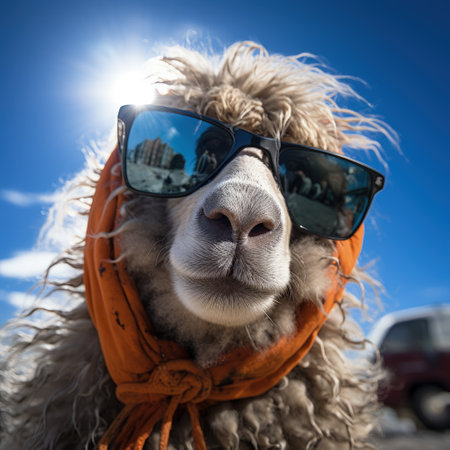 sheep portrait with sunglasses, Funny animals in a group together looking at the camera, wearing clothes, having fun together, taking a selfie, An unusual moment full of fun fashion consciousnessの素材