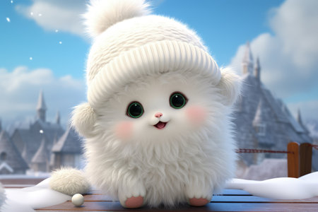 White cartoon bear with cuddly demeanor wears cozy scarf and mittens, exuding warmth. Playful and adorable, bear embodies charm of winter with touch of festive magic, heartwarming in snowy wonderlandの素材