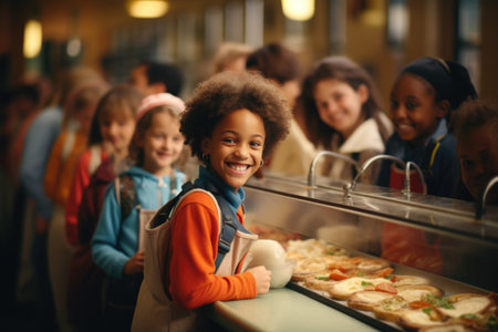 A schoolchild in the school cafeteria. Time of lunch break, peculiarities of the school meal, snackの素材