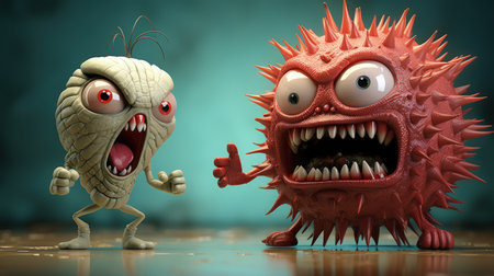 Cartoon characters cute, funny evil viruses, whimsical and infectious, creative and humorous animation of infectious microorganisms in comical and imaginative scenariosの素材