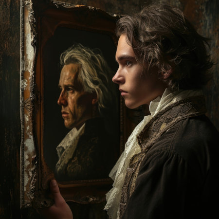 Dorian Gray and his aging old portrait. The once pristine canvas now mirrors his hidden sins, capturing the decay of his soul as time etches its mark on the haunting masterpieceの素材