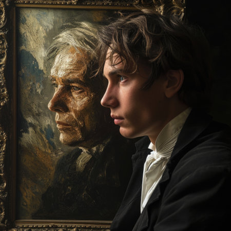 Dorian Gray and his aging old portrait. The once pristine canvas now mirrors his hidden sins, capturing the decay of his soul as time etches its mark on the haunting masterpieceの素材