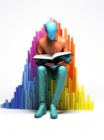 Immersing in narratives: a 3d animated character reading a book, education , immersed in the world of literature, act of readingの素材