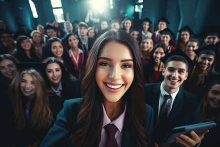 Global smiles: capturing joy in group selfies of cheerful and happy young people diverse nationalities, celebrating unity, friendship, cultural harmony in shared moments of happiness and togethernessの素材