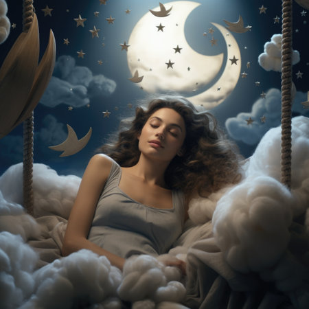Amidst a gentle night sky, stars twinkle as a peaceful ambiance surrounds, inviting sweet dreams. Tranquil hues and a sense of calmness set the stage for a restful night's sleep.の素材