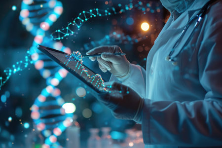 Medicine with futuristic technology. Doctors collaborated with computers, and holograms materialize intricate medical data, symbolizing the harmonious future of advanced healthcare digital integrationの素材