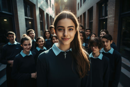 Global smiles: capturing joy in group selfies of cheerful and happy young people diverse nationalities, celebrating unity, friendship, cultural harmony in shared moments of happiness and togethernessの素材