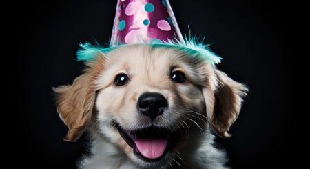 In this delightful image, a dog dons a party hat, creating a playful atmosphere as it extends a heartwarming birthday greeting, exuding charm and celebration in every wag and barkの素材