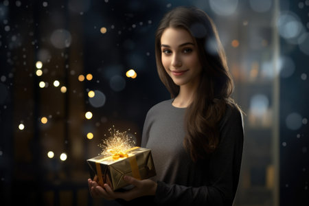 Elegant woman holding a wrapped gift, congratulations, gold. The scene is adorned with a touch of gold, adding a luxurious and celebratory ambiance to the momentの素材