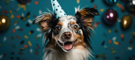 In this delightful image, a dog dons a party hat, creating a playful atmosphere as it extends a heartwarming birthday greeting, exuding charm and celebration in every wag and barkの素材