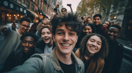Global smiles: capturing joy in group selfies of cheerful and happy young people diverse nationalities, celebrating unity, friendship, cultural harmony in shared moments of happiness and togethernessの素材