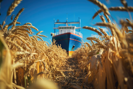 Navigating the global markets with wheat export, grains traverse borders, international trade and sustenance, global journey, international trade and food security.の素材