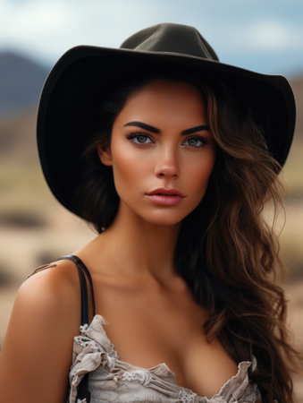 Elegant beauty of a cowgirl: grace meets grit, prairie echoes with the allure of a free-spirited, beautiful woman serene charm of a pretty girl, portrait of graceの素材