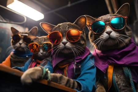 cats portrait with sunglasses, Funny animals in a group together looking at the camera, wearing clothes, having fun together, taking a selfie, An unusual moment full of fun and fashion consciousnessの素材